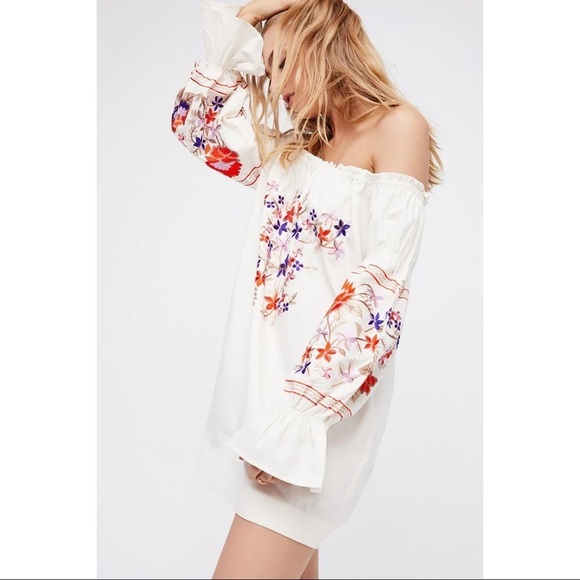 Free People Fleur Du Jour Cream Floral Embroidery Off the Shoulder Peasant Dress - Picture 1 of 11